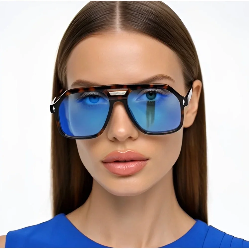 Women Tortoise Shell Elegant Fancy Sunglasses Blue Tint Lens Square Retro 70s 80